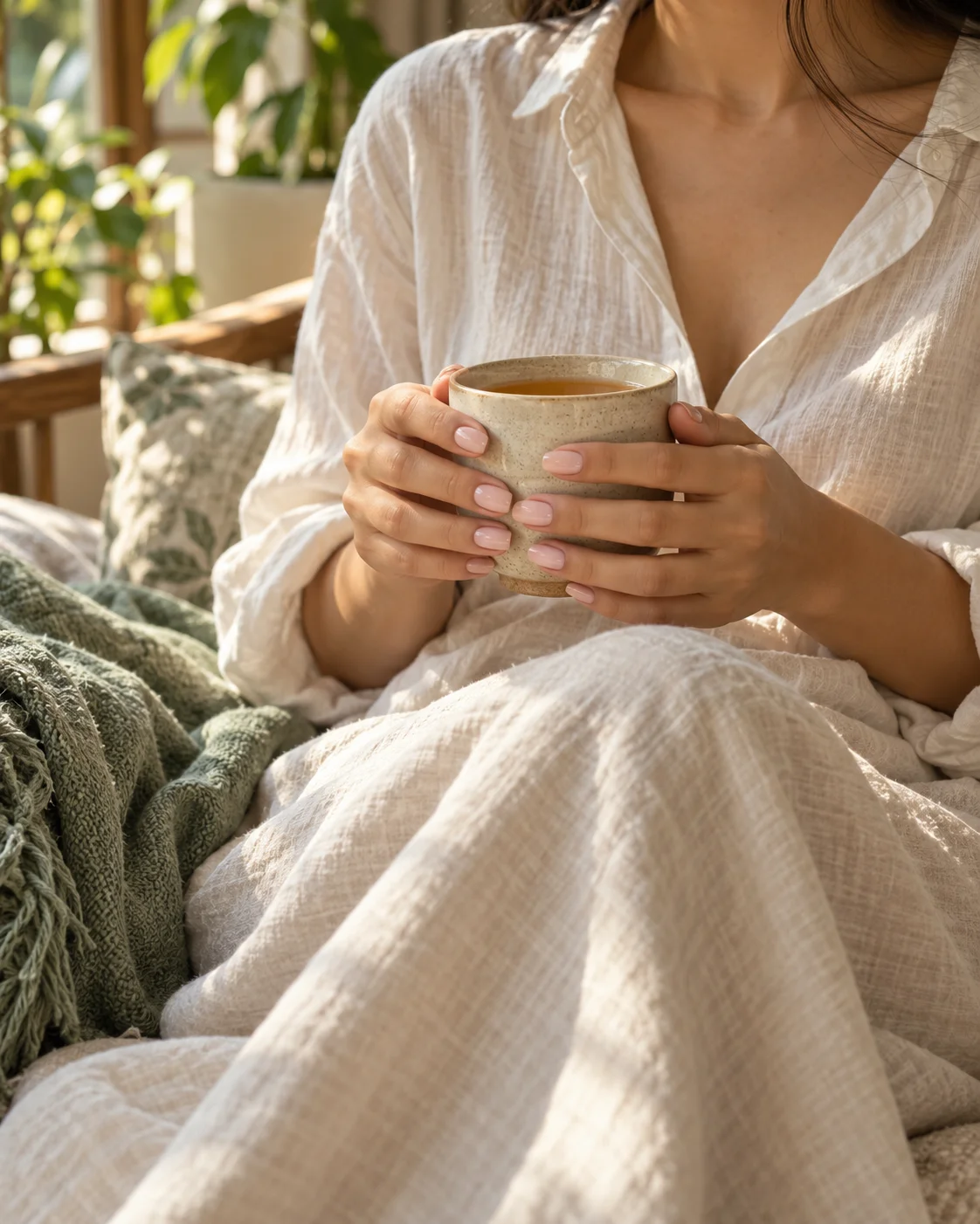A quiet moment at home, holding a warm cup with freshly manicured hands