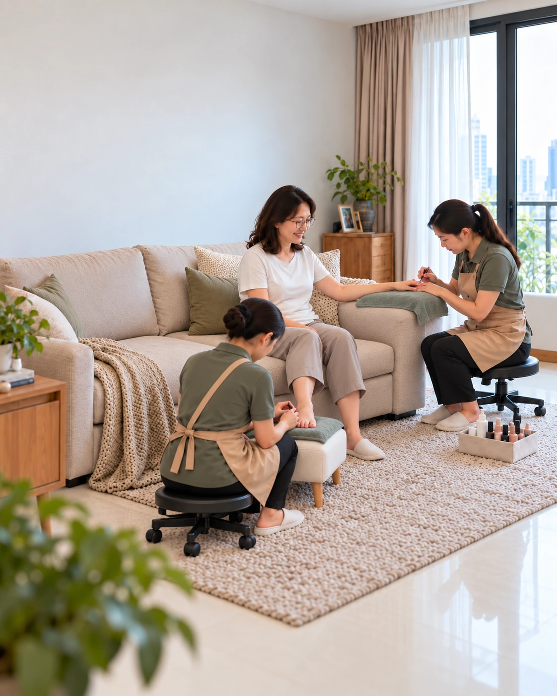 Home-service campaign concept: two Malaysian Chinese technicians providing a manicure on a towel-protected sofa armrest and a pedicure on a low footrest for one seated customer