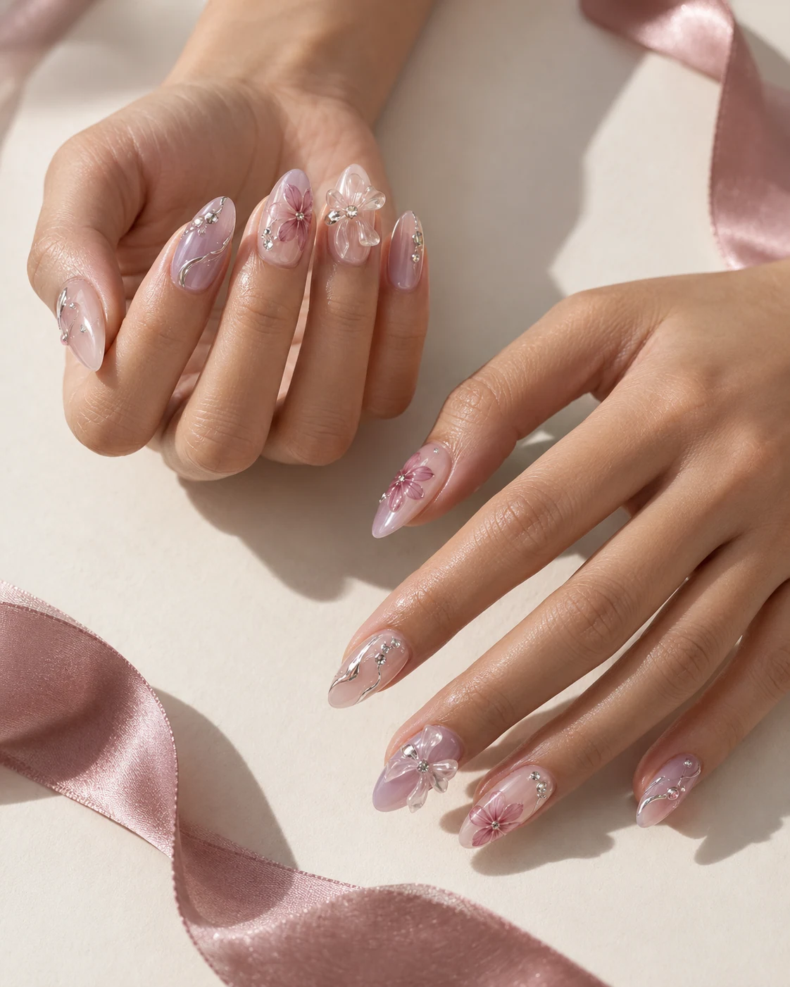 Tutuunails campaign concept: blush and lilac nails with painted flowers, sculptural gel petals, crystals and silver contours