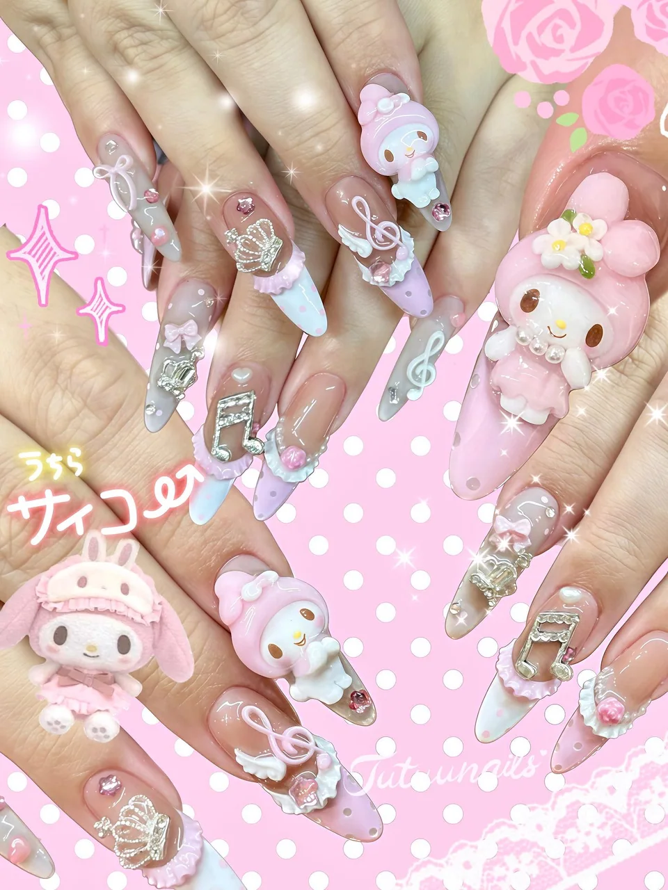 TUTUUNAILS manicure: pastel character charms, bows and music notes