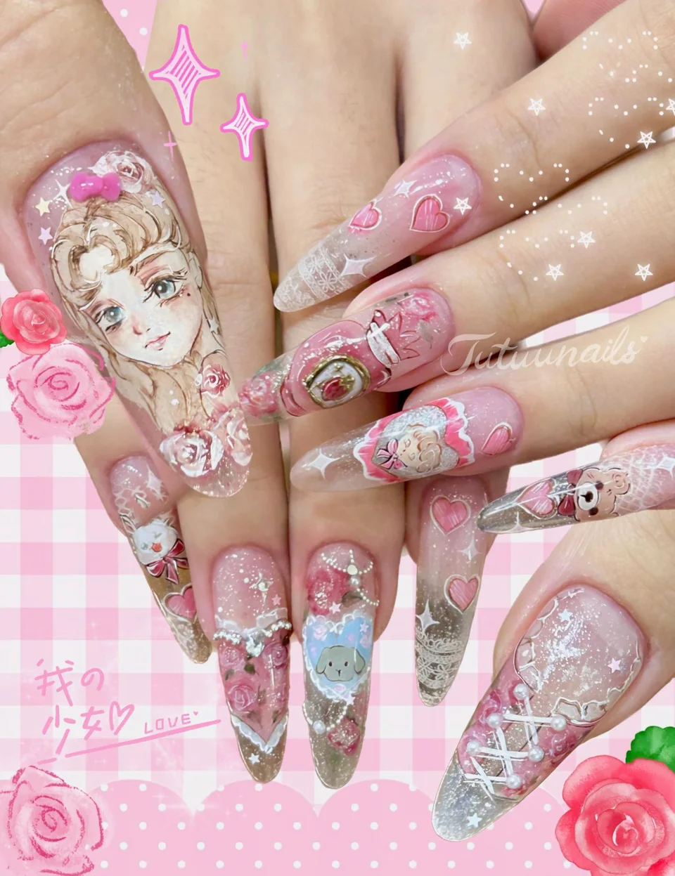 TUTUUNAILS manicure: pink illustrated characters, roses and hearts