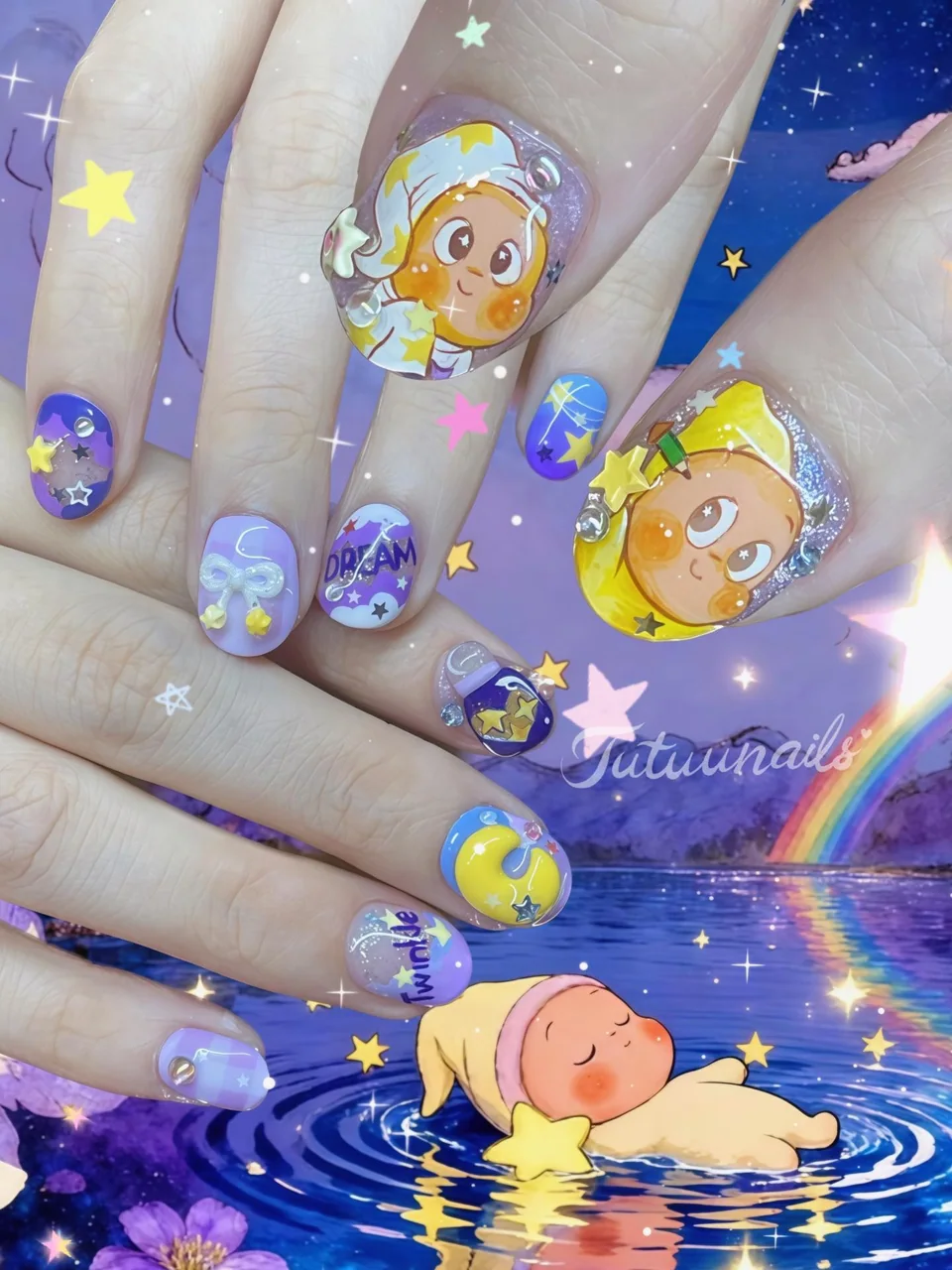 TUTUUNAILS manicure: purple bedtime characters, stars and moons