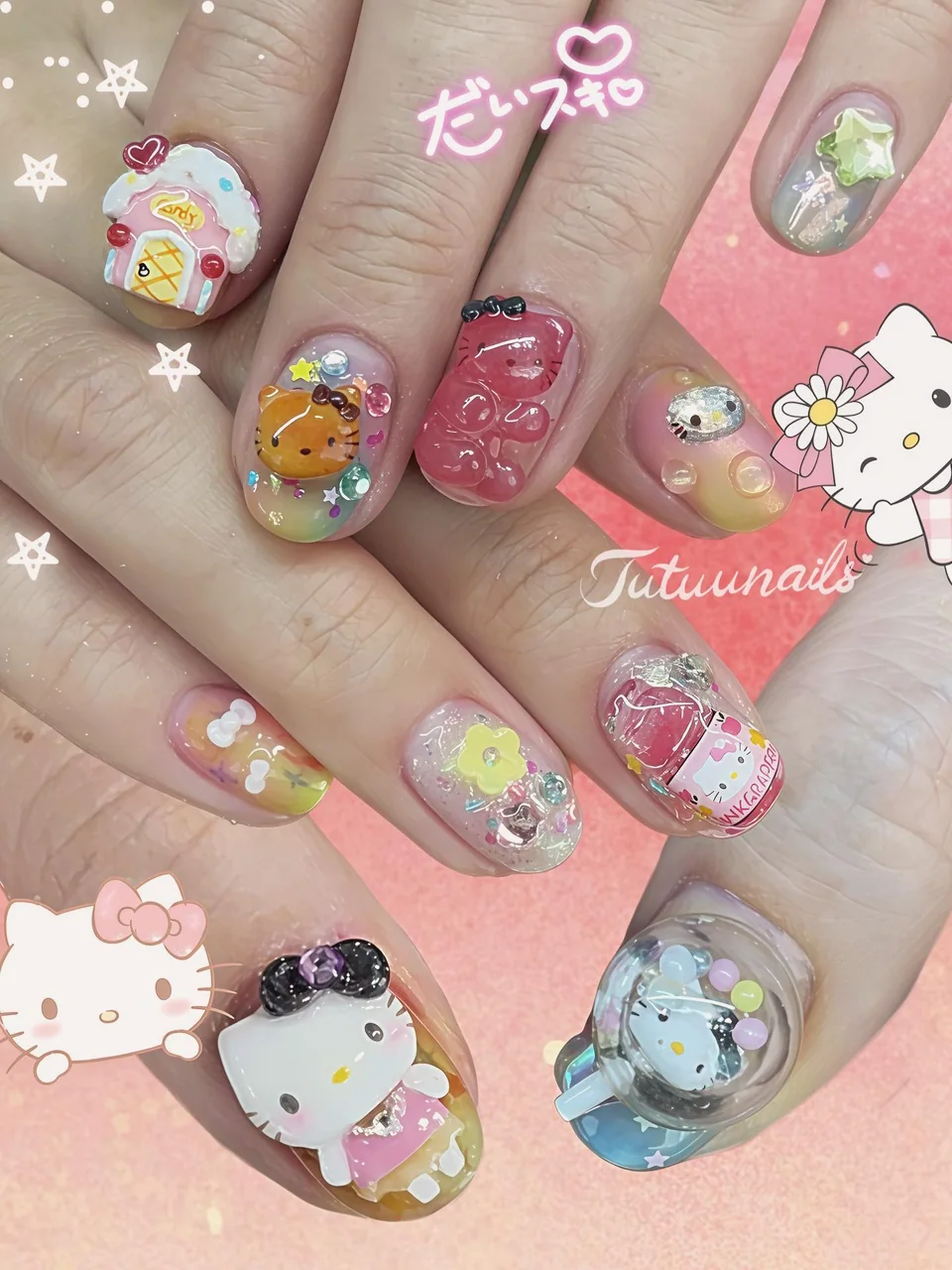TUTUUNAILS manicure: colourful cat characters and jelly charms