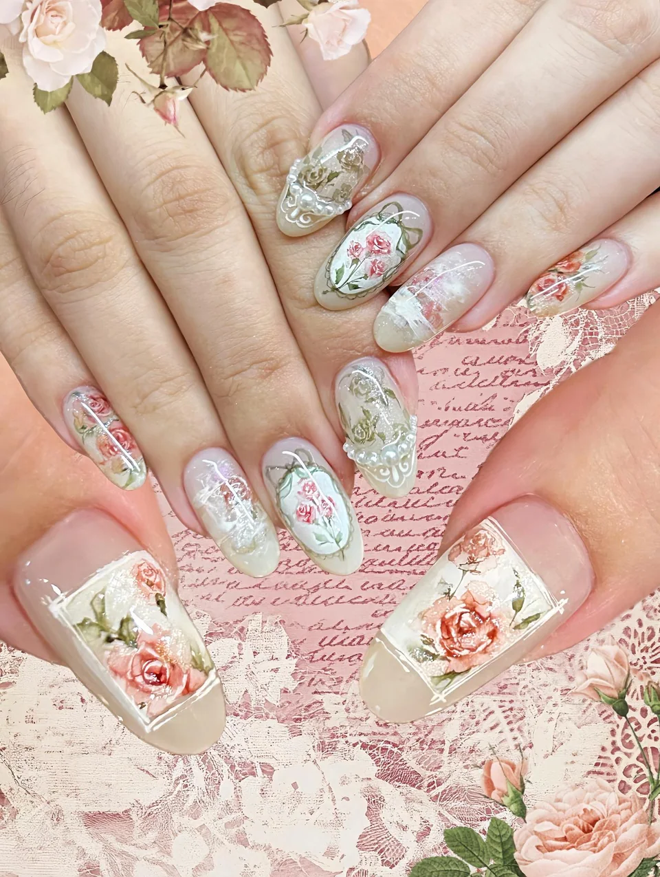 TUTUUNAILS manicure: vintage rose illustrations, frames and pearl details
