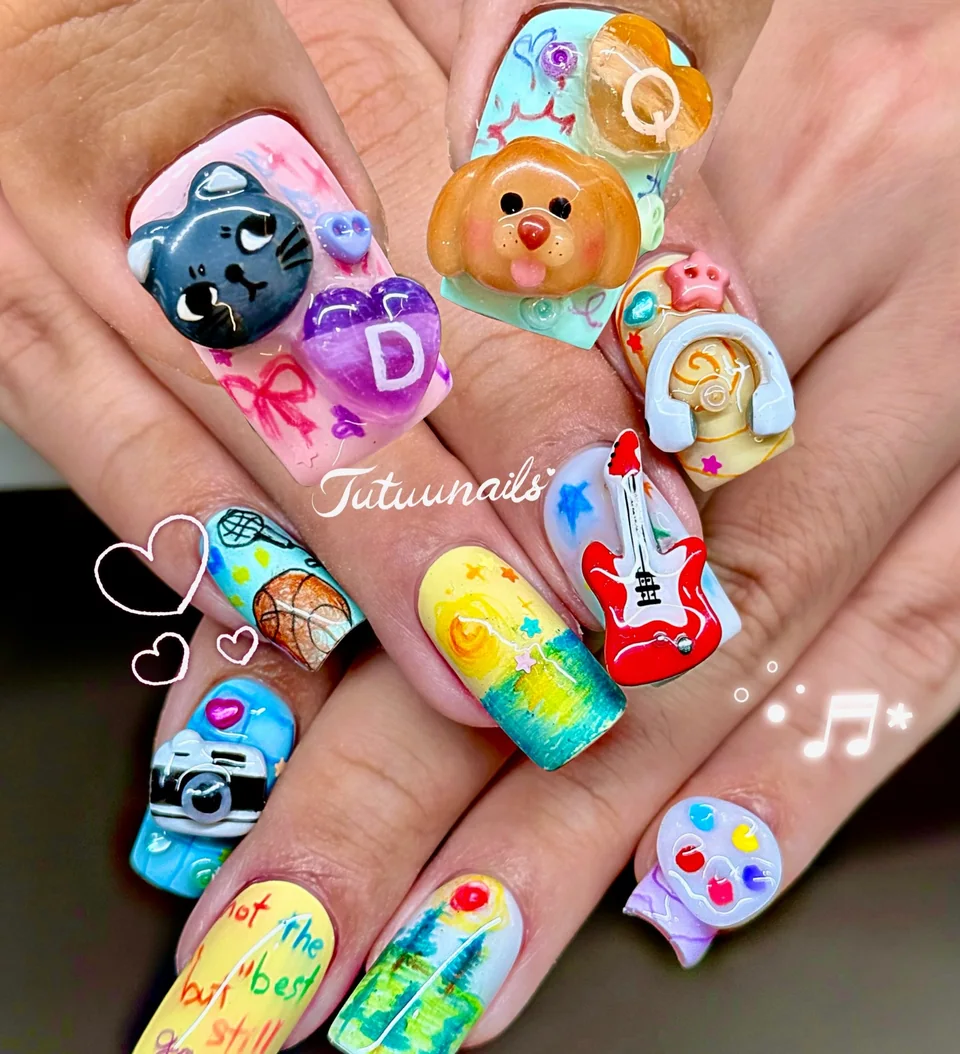 TUTUUNAILS manicure: colourful personal motifs, animal faces and guitar