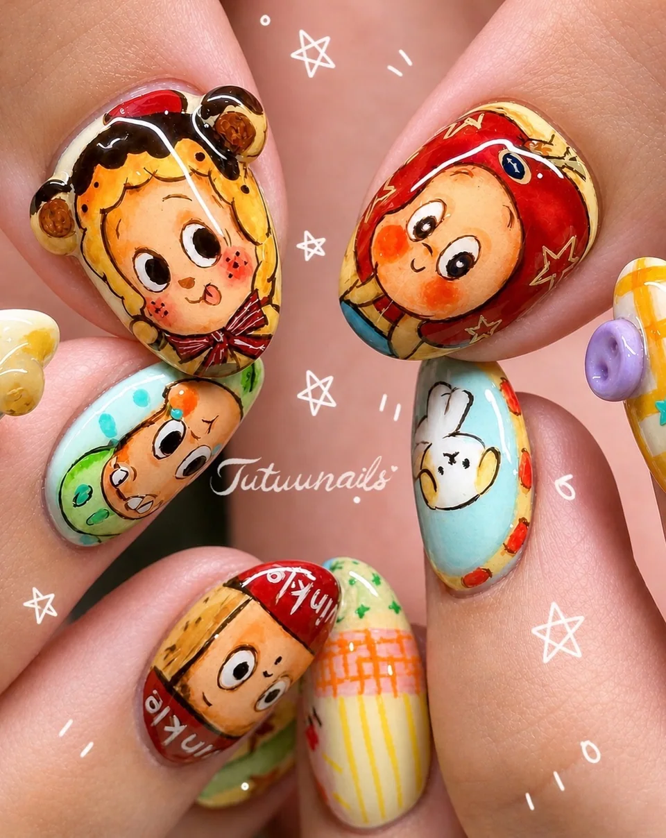 TUTUUNAILS manicure: illustrated cartoon portraits and gingham