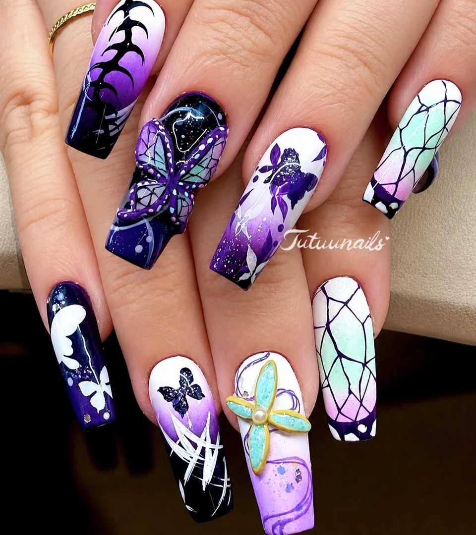 TUTUUNAILS manicure: purple butterfly wings with raised butterflies