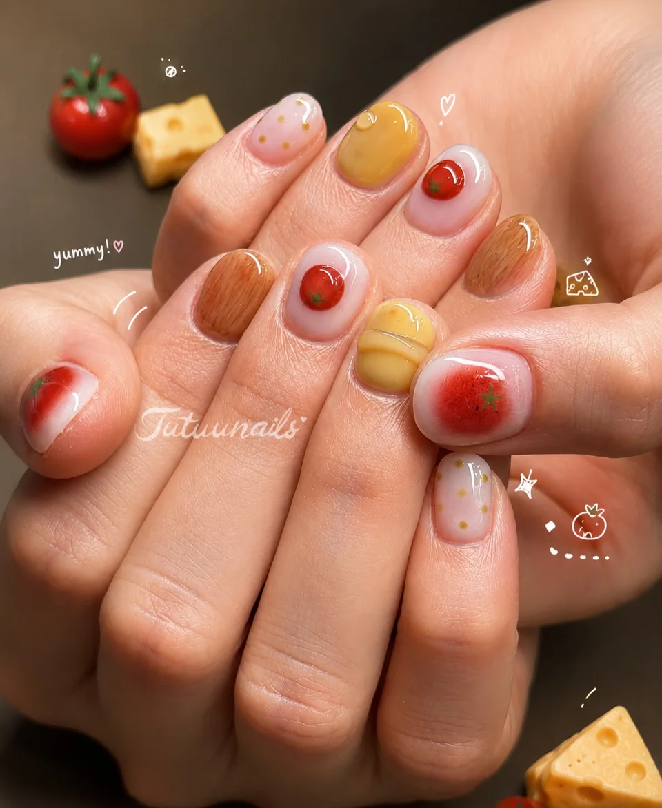TUTUUNAILS manicure: tomato, cheese and bread food motifs