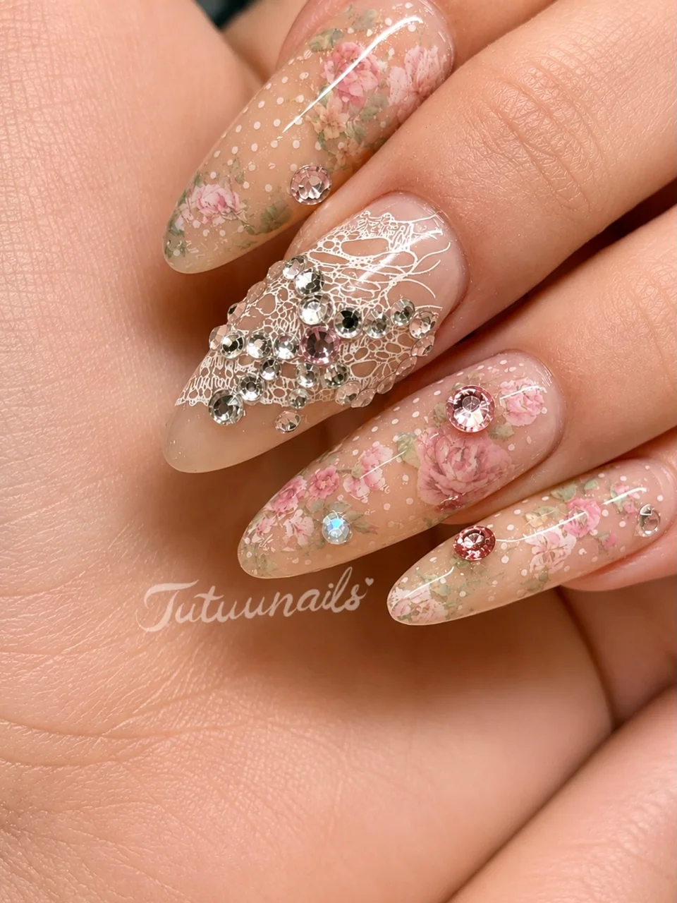 TUTUUNAILS manicure: pink roses, lace and crystal accents