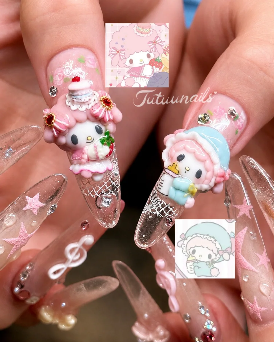 TUTUUNAILS manicure: pastel character sculptures with lace and music notes