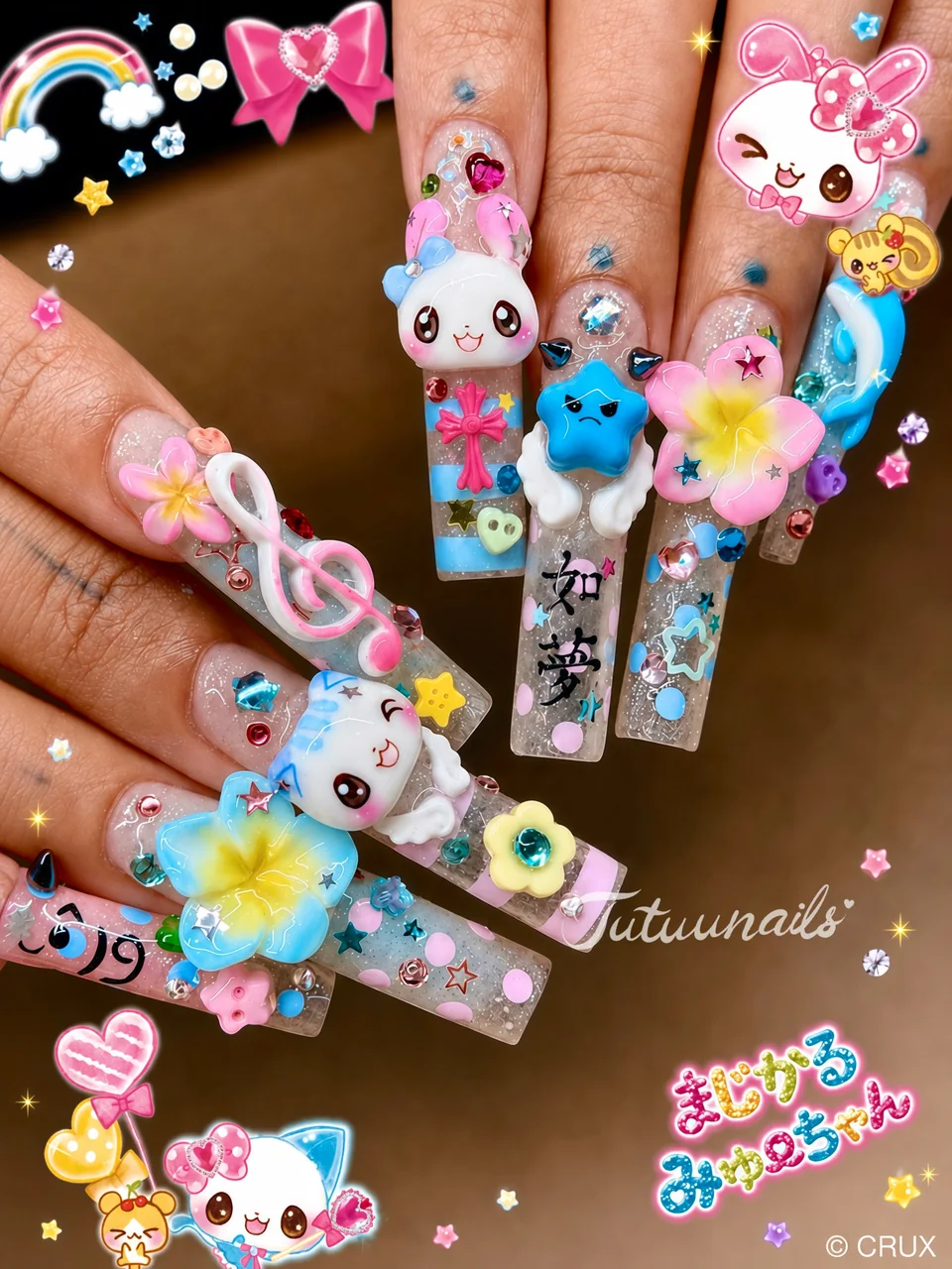 TUTUUNAILS manicure: colourful character sculptures, flowers and music note