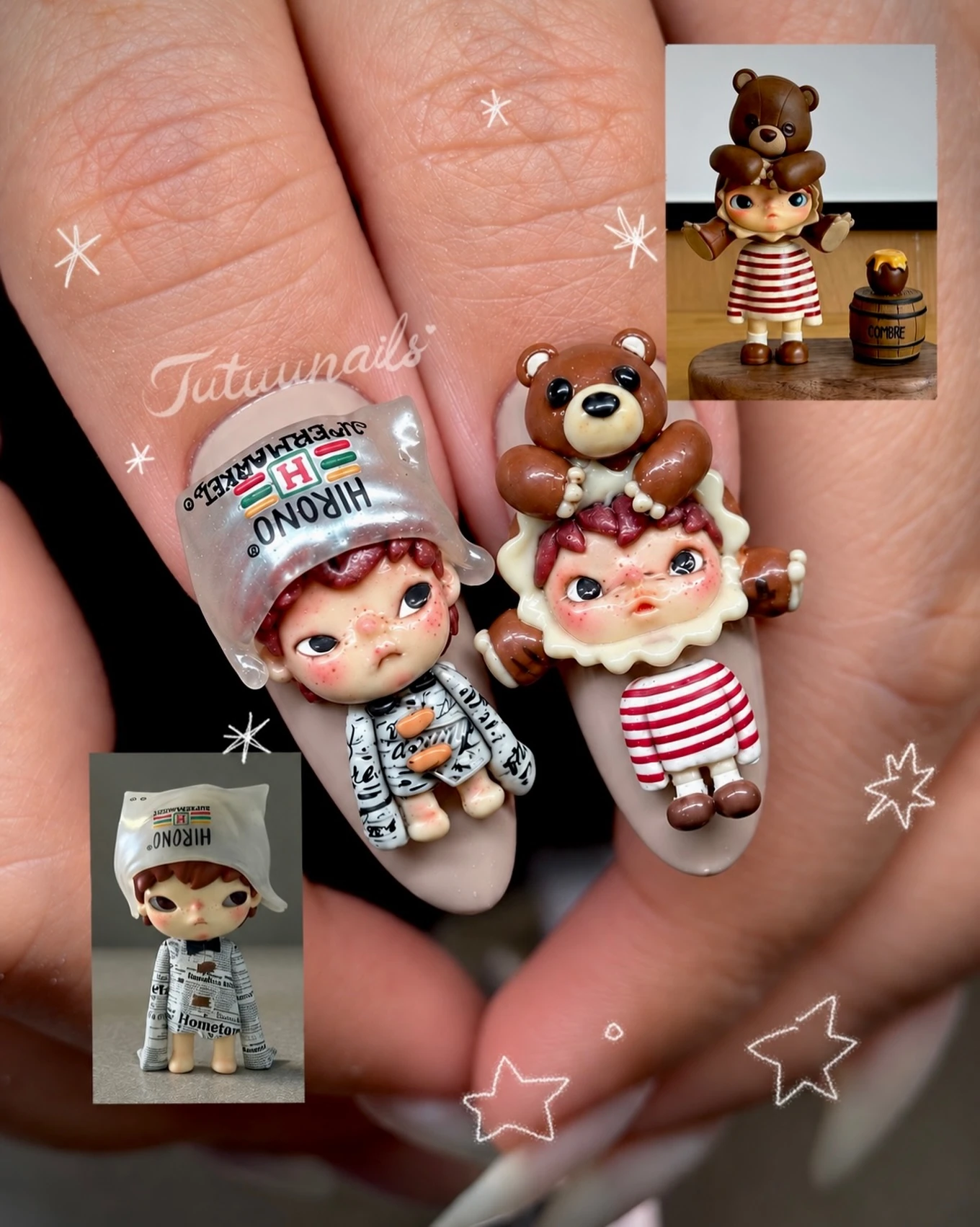 Handmade 3D nail art by Tutuunails: hand-sculpted doll figures with detailed faces, clothing, and bear and bag hats