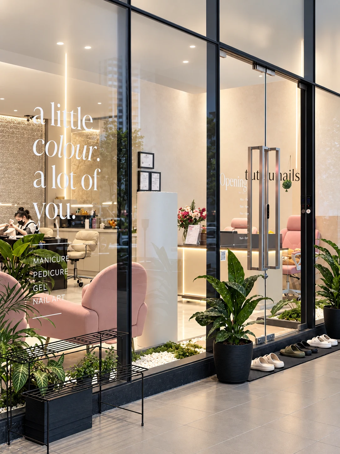The current Tutuunails studio entrance at Kiara Bay, with the salon's colour tagline on the window