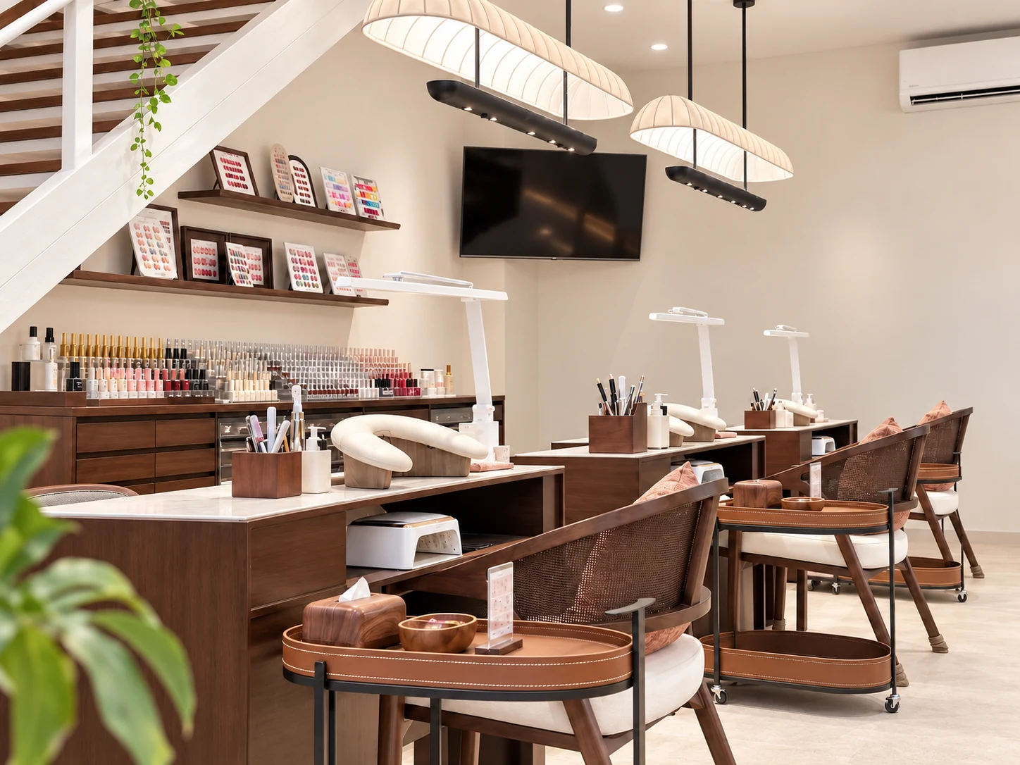 Timber manicure tables, woven chairs and colour displays beneath pendant lights at Tutuunails