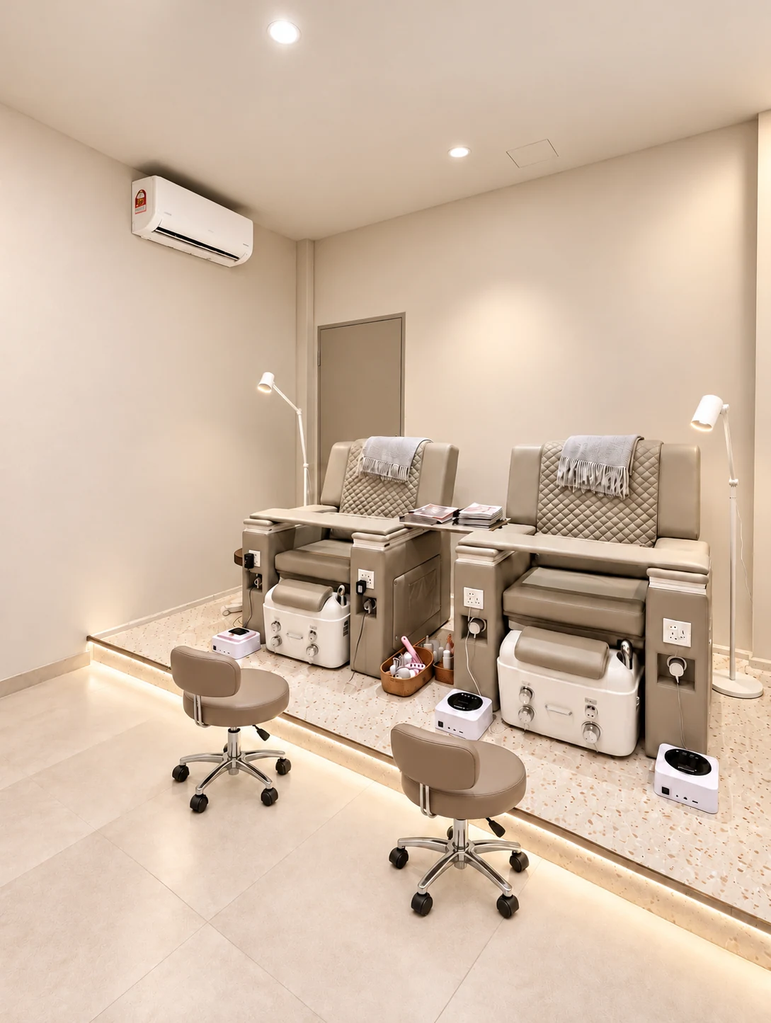Two reclining pedicure chairs with reading lamps on a warmly lit platform at Tutuunails