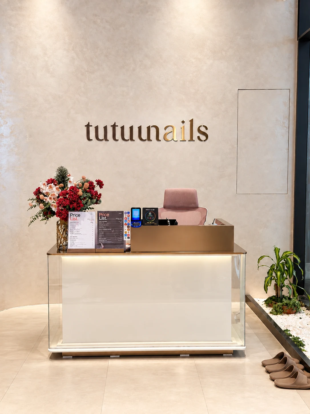 Tutuunails wordmark above the softly lit reception counter, with flowers and a leafy plant
