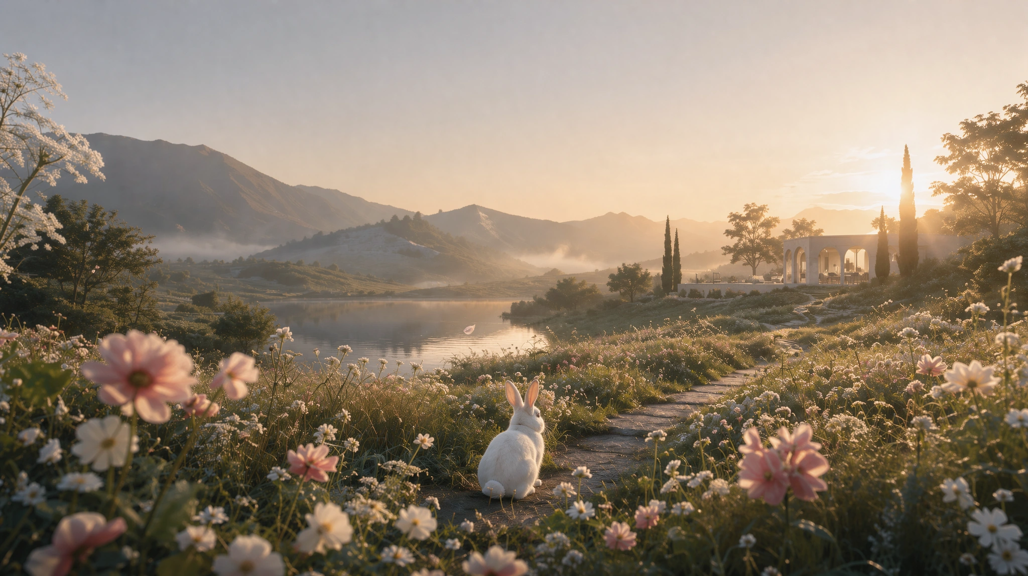A romantic flower meadow beside a quiet lake and distant mountains at sunrise